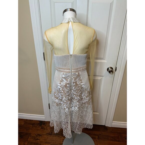 Self-Portrait White Lace Tan Mesh Collared Long Sleeve Fit & Flare Dress, Size 8 - Picture 6 of 8